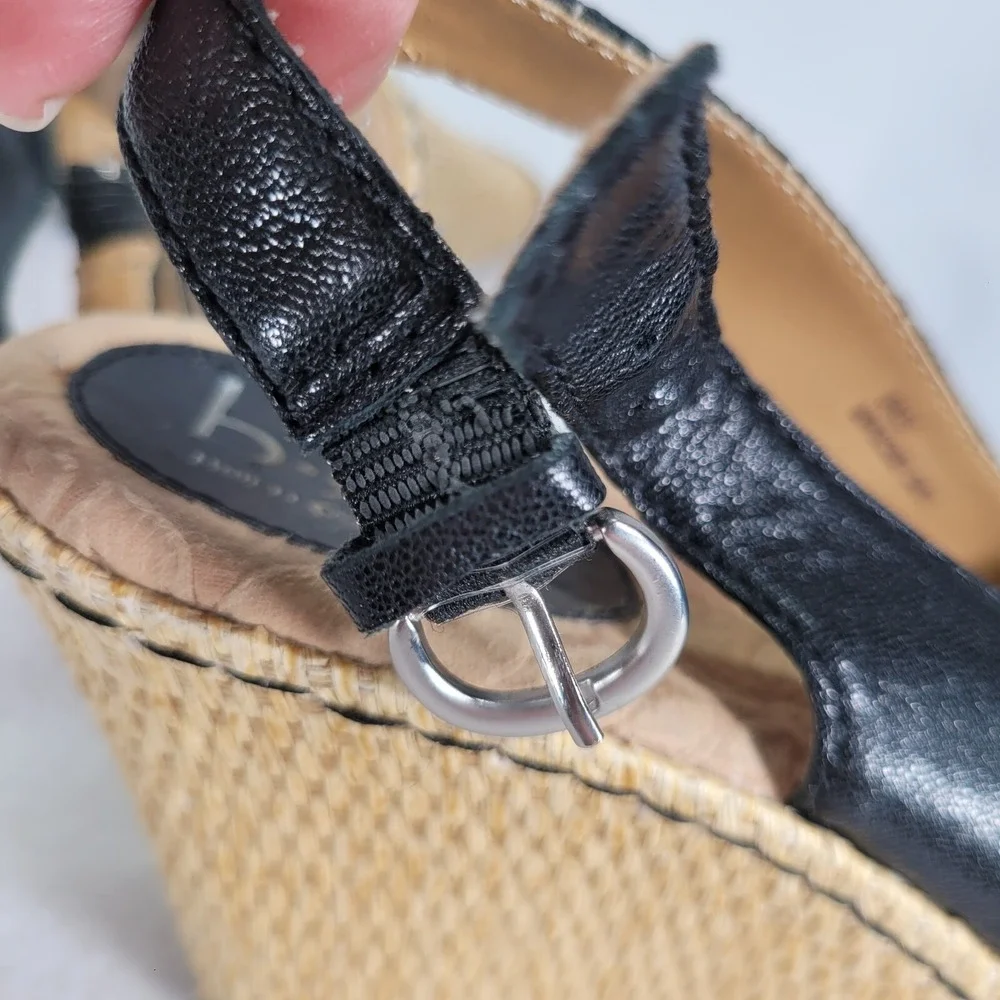 BOC Born Black Leather Peep Toe Wedge Sandals Womens‎ Sz 9 Strappy Flower